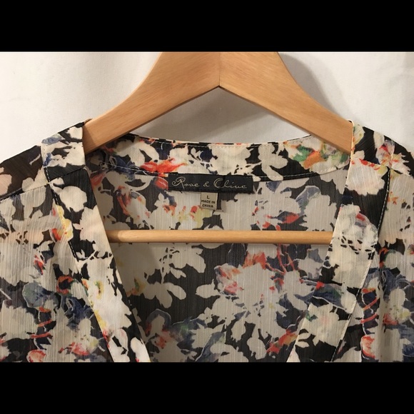 Rose and olive sheer V neck blouse. - Picture 3 of 5